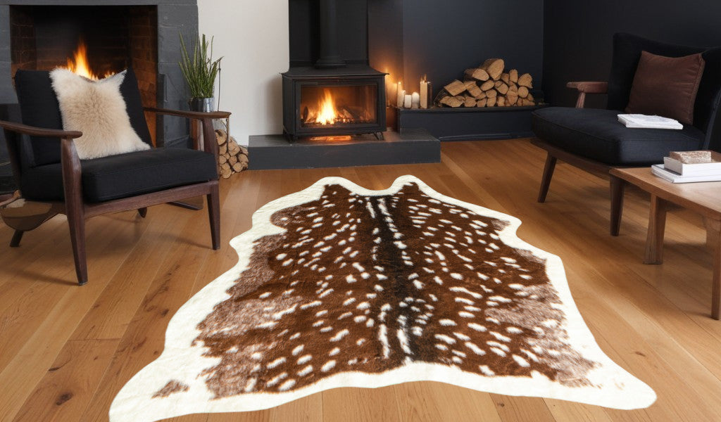 4'x 5' Off White And Brown Faux Cowhide Non Skid Area Rug