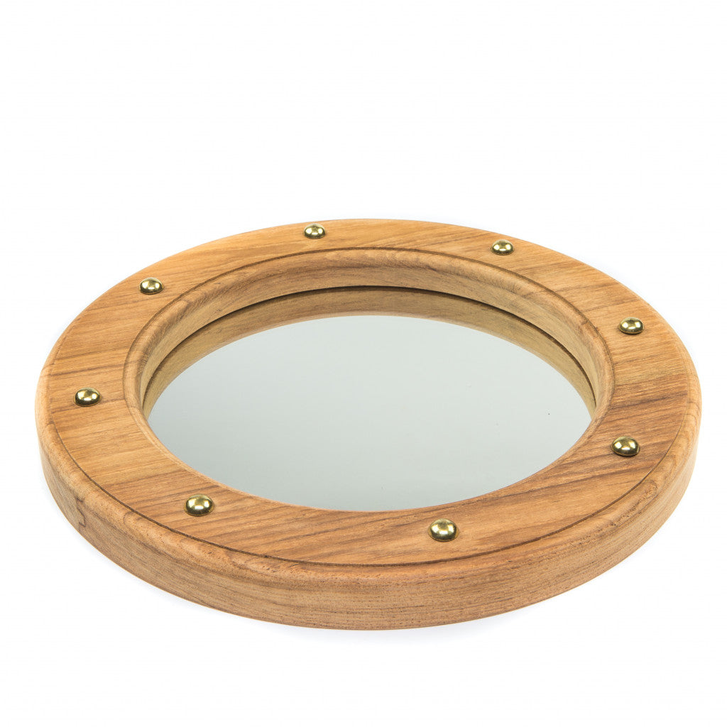 11" Round Wall Mounted Teak Wood Mirror with Nautical Rivets