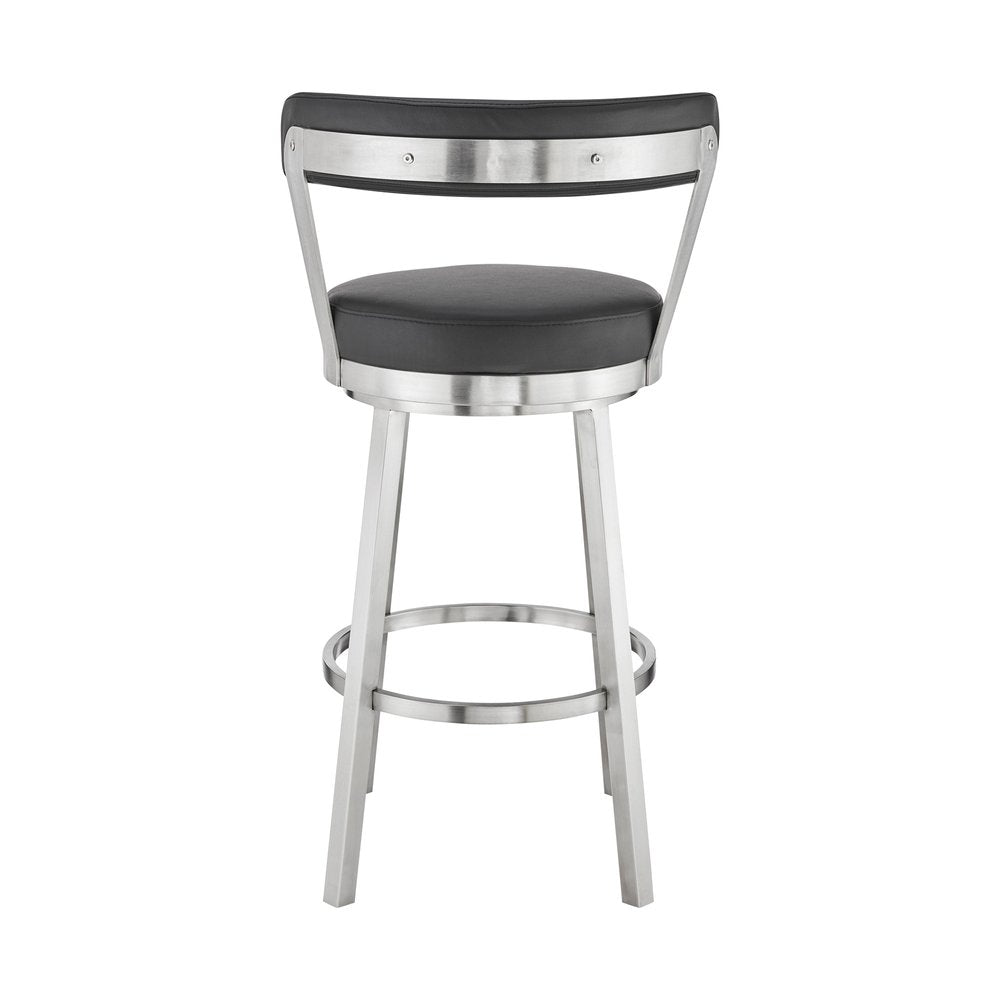 30" Black And Silver Fabric And Iron Backless Bar Height Swivel Bar Chair