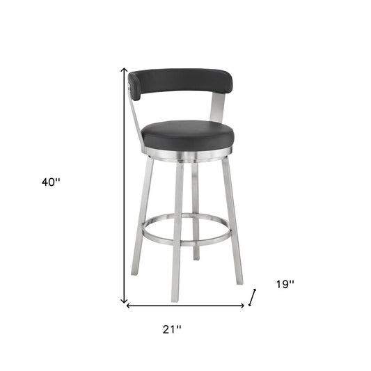 30" Black And Silver Fabric And Iron Backless Bar Height Swivel Bar Chair