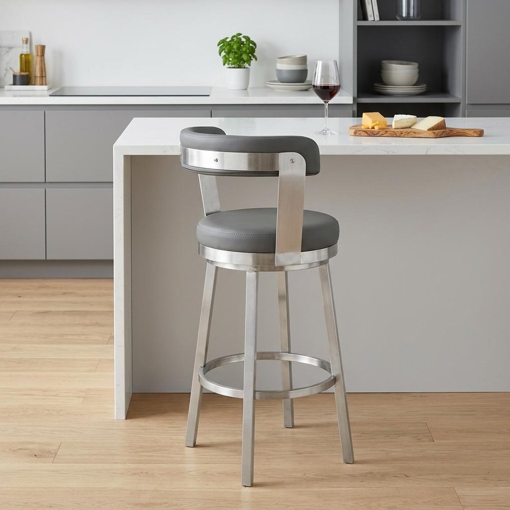 26" Gray And Silver Fabric And Iron Backless Counter Height Swivel Bar Chair