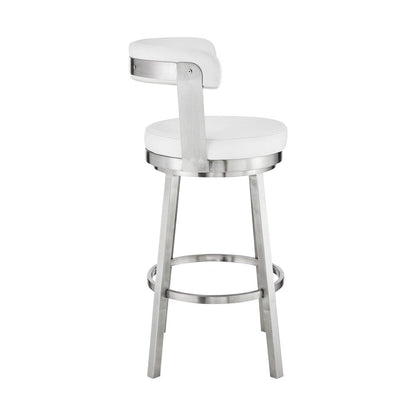 30" White And Silver Fabric And Iron Backless Bar Height Swivel Bar Chair