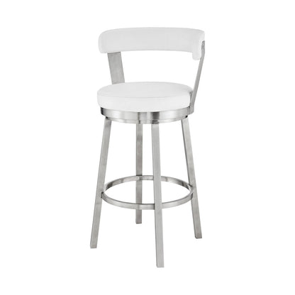30" White And Silver Fabric And Iron Backless Bar Height Swivel Bar Chair