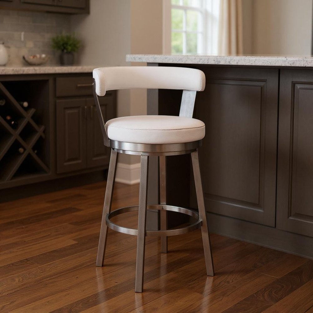 30" White And Silver Iron Swivel Backless Bar Height Bar Chair