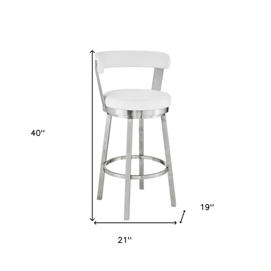 30" White And Silver Fabric And Iron Backless Bar Height Swivel Bar Chair