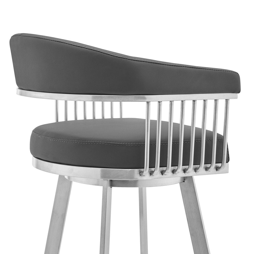 29" Gray And Silver Fabric And Iron Backless Bar Height Swivel Bar Chair