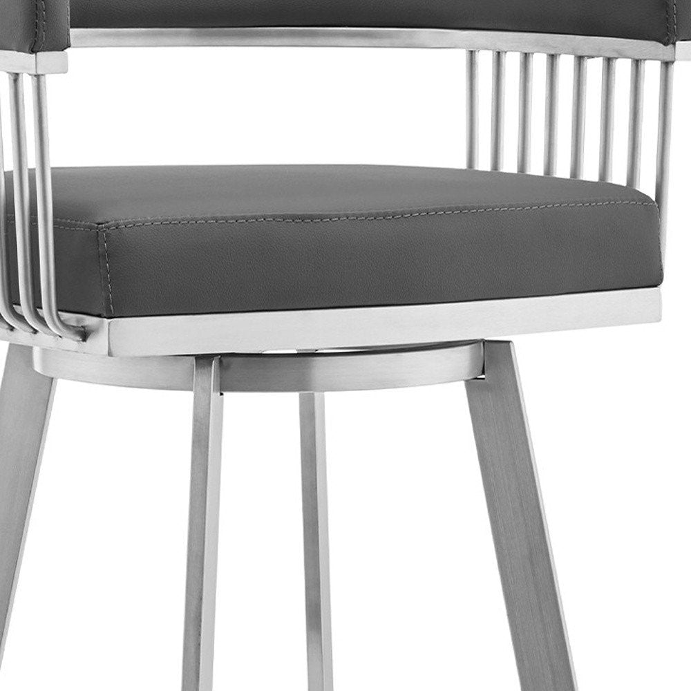 29" Gray And Silver Fabric And Iron Backless Bar Height Swivel Bar Chair