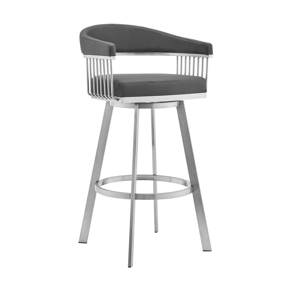 29" Gray And Silver Fabric And Iron Backless Bar Height Swivel Bar Chair