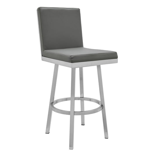 30" Gray And Silver Faux Leather And Faux Leather And Iron Bar Height Swivel Bar Chair