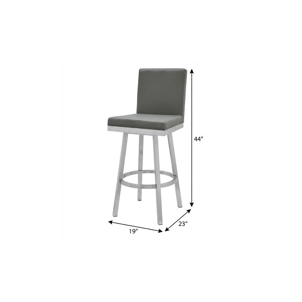 30" Gray And Silver Faux Leather And Faux Leather And Iron Bar Height Swivel Bar Chair