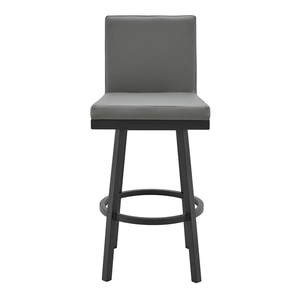 30" Gray And Black Faux Leather And Fabric And Iron Bar Height Swivel Bar Chair