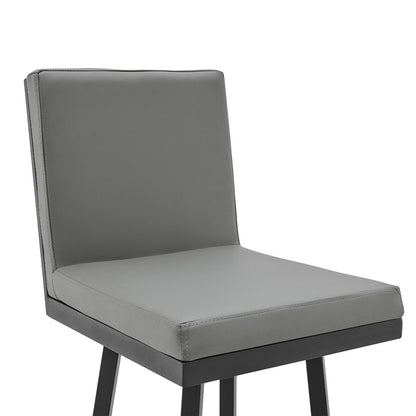 30" Gray And Black Faux Leather And Fabric And Iron Bar Height Swivel Bar Chair