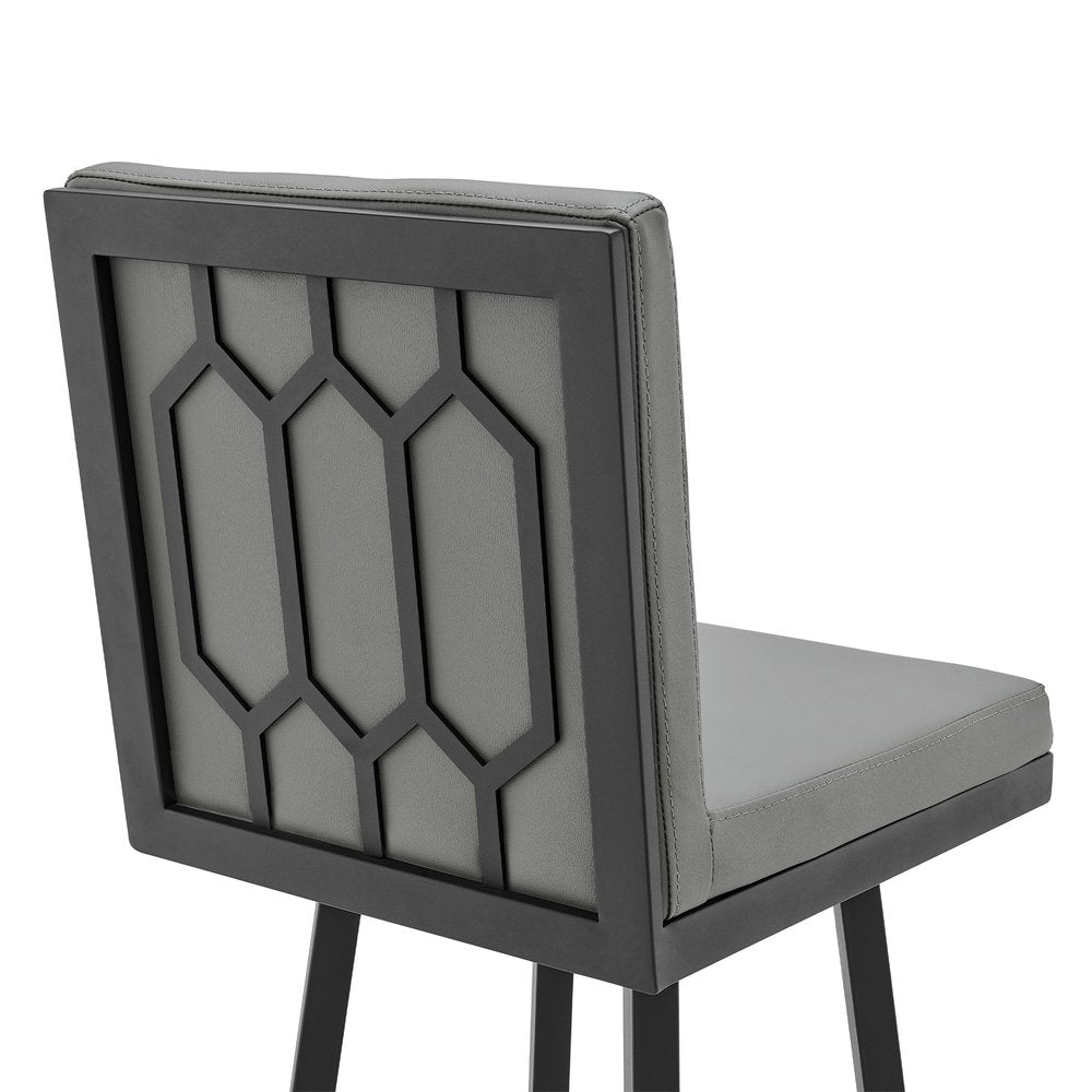 30" Gray And Black Faux Leather And Fabric And Iron Bar Height Swivel Bar Chair