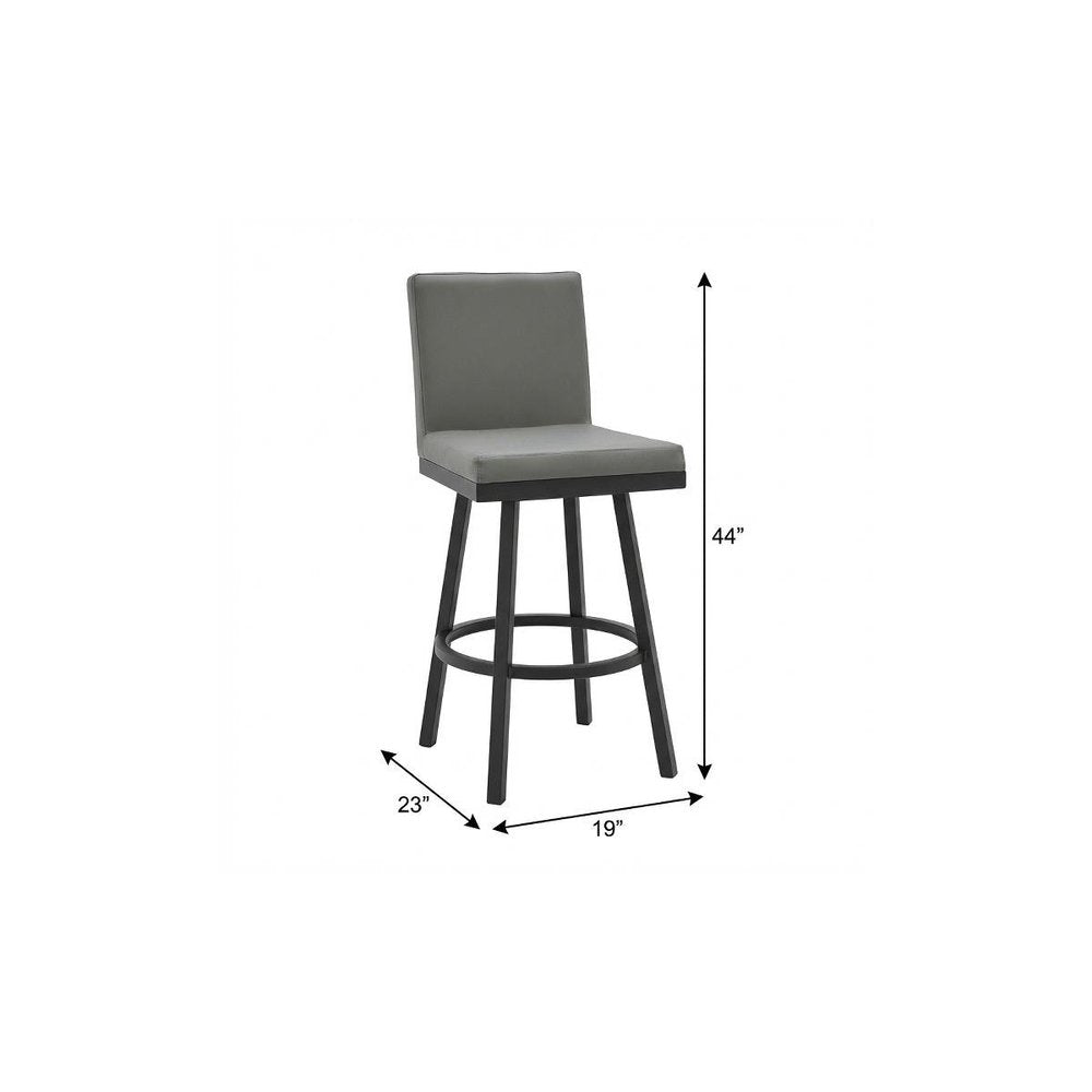 30" Gray And Black Faux Leather And Iron Swivel Bar Height Bar Chair