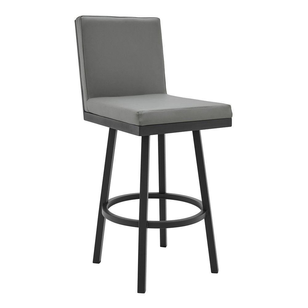 30" Gray And Black Faux Leather And Fabric And Iron Bar Height Swivel Bar Chair