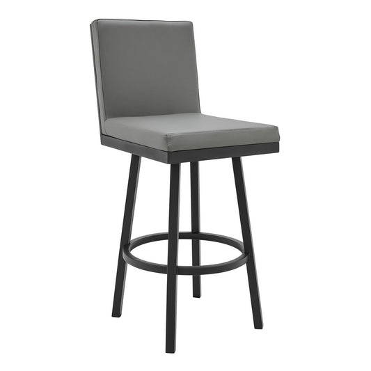 30" Gray And Black Faux Leather And Fabric And Iron Bar Height Swivel Bar Chair