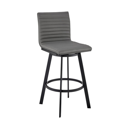 26" Gray And Black Faux Leather And Fabric And Iron Counter Height Swivel Bar Chair