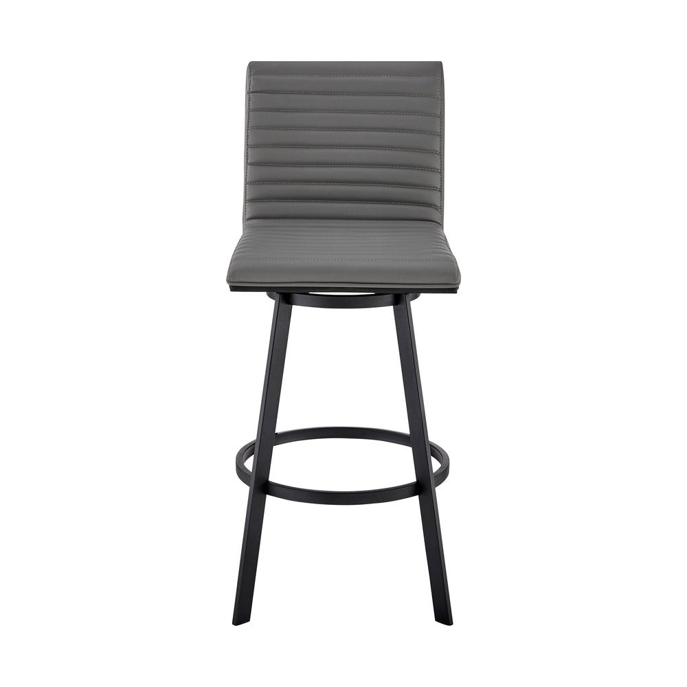 26" Gray And Black Faux Leather And Fabric And Iron Counter Height Swivel Bar Chair