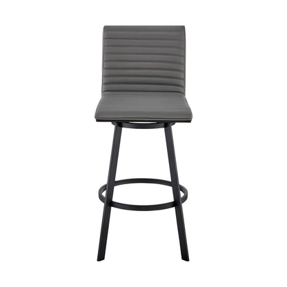 26" Gray And Black Faux Leather And Fabric And Iron Counter Height Swivel Bar Chair