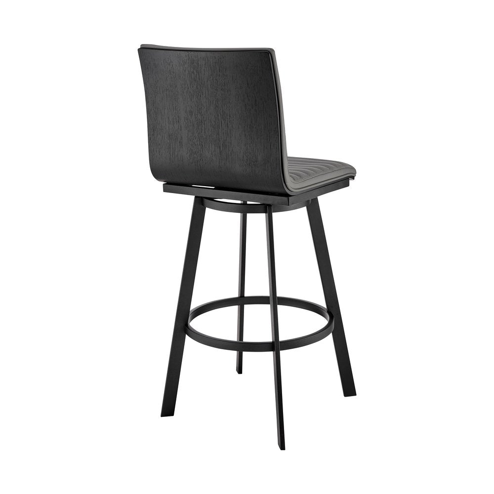 26" Gray And Black Faux Leather And Fabric And Iron Counter Height Swivel Bar Chair