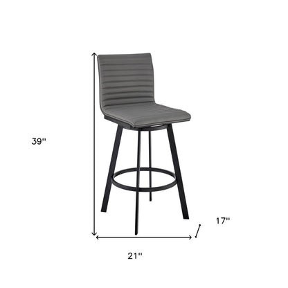 26" Gray And Black Faux Leather And Fabric And Iron Counter Height Swivel Bar Chair