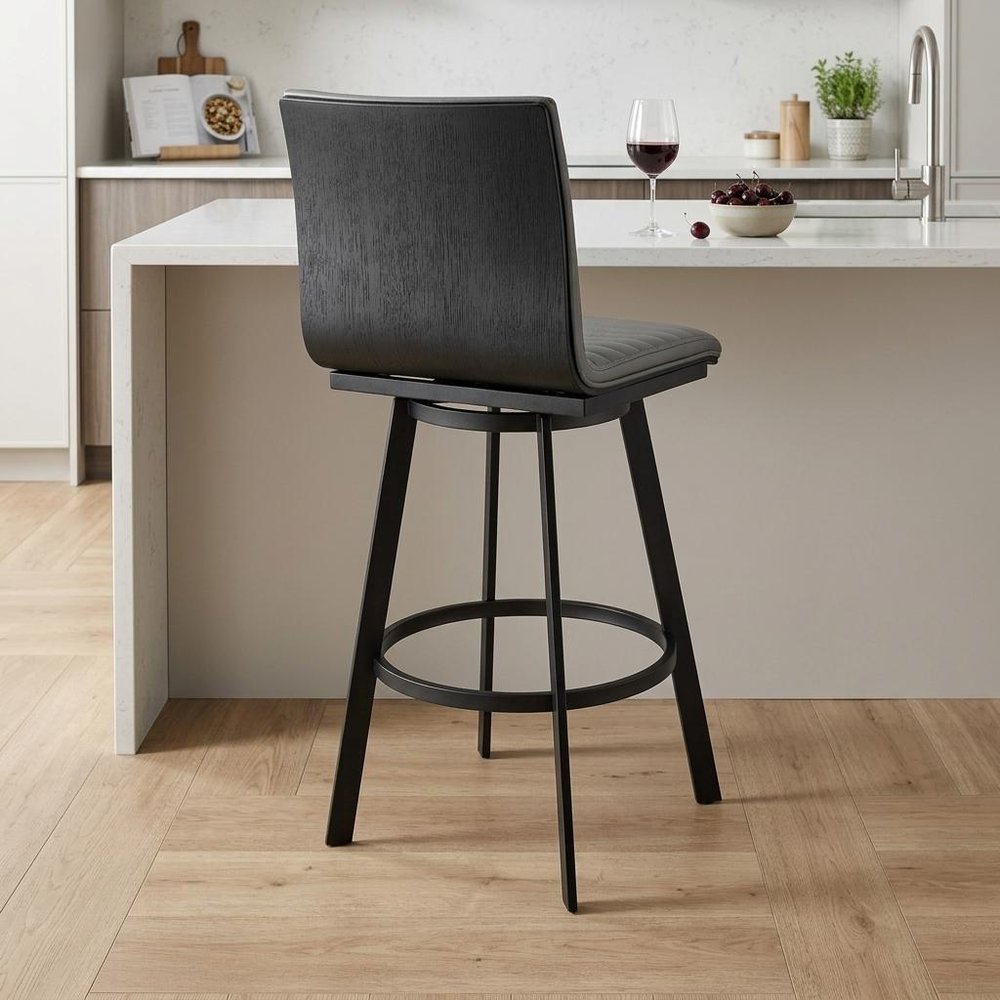 26" Gray And Black Faux Leather And Fabric And Iron Counter Height Swivel Bar Chair