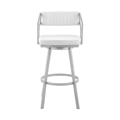 26" White And Silver Fabric And Iron Low Back Counter Height Swivel Bar Chair