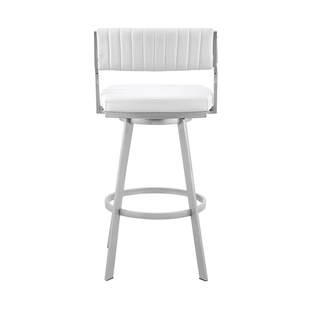 26" White And Silver Fabric And Iron Low Back Counter Height Swivel Bar Chair