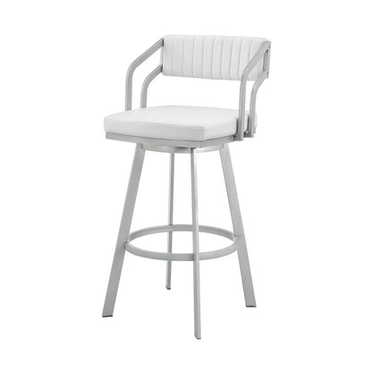 26" White And Silver Fabric And Iron Low Back Counter Height Swivel Bar Chair