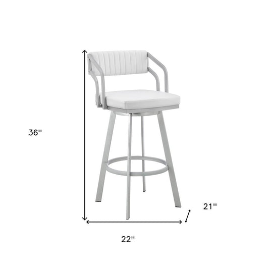 26" White And Silver Fabric And Iron Low Back Counter Height Swivel Bar Chair