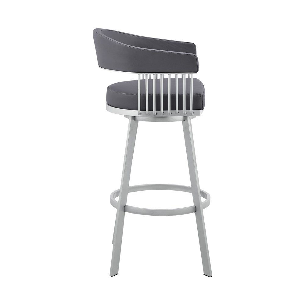 29" Slate Gray And Silver Fabric And Iron Low Back Bar Height Swivel Bar Chair