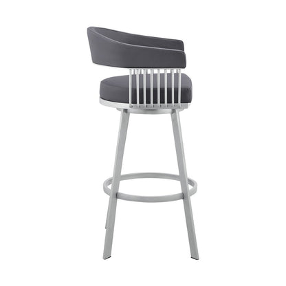 29" Slate Gray And Silver Fabric And Iron Low Back Bar Height Swivel Bar Chair