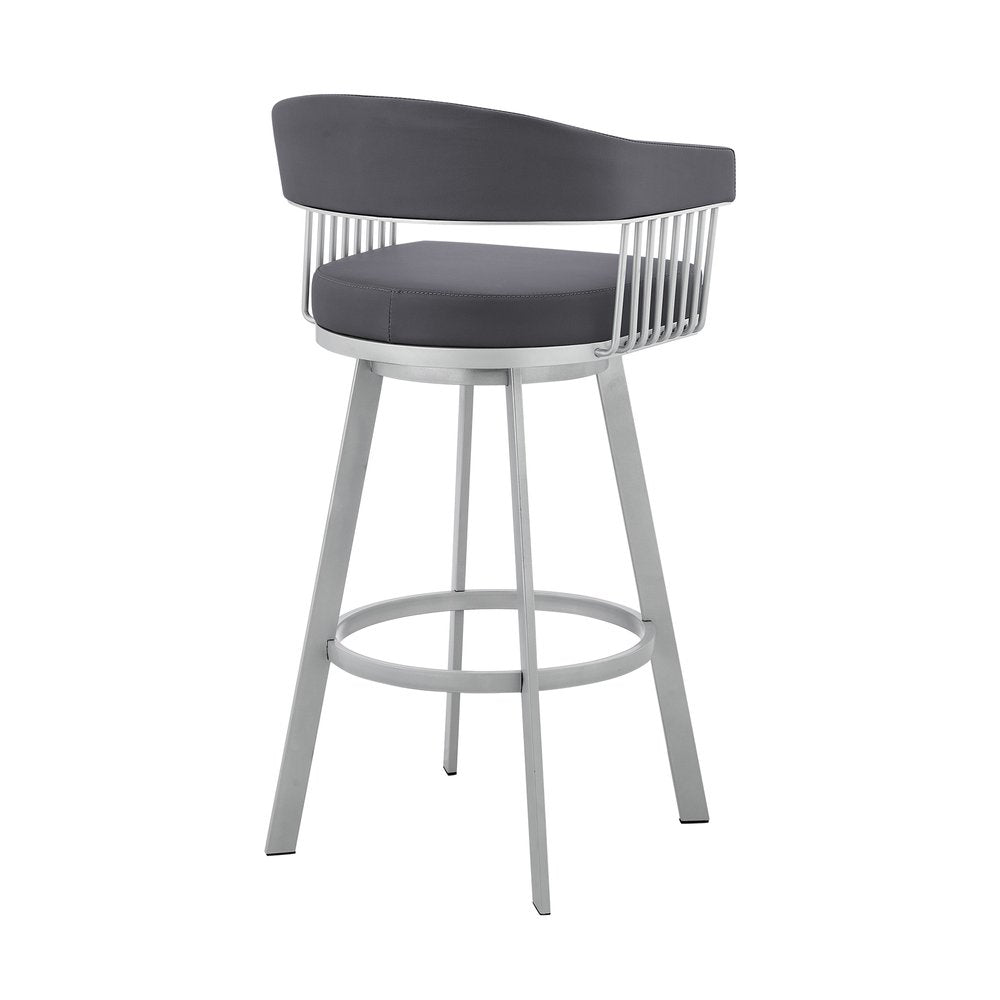 29" Slate Gray And Silver Fabric And Iron Low Back Bar Height Swivel Bar Chair