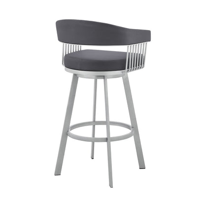 29" Slate Gray And Silver Fabric And Iron Low Back Bar Height Swivel Bar Chair