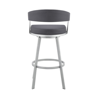 29" Slate Gray And Silver Fabric And Iron Low Back Bar Height Swivel Bar Chair