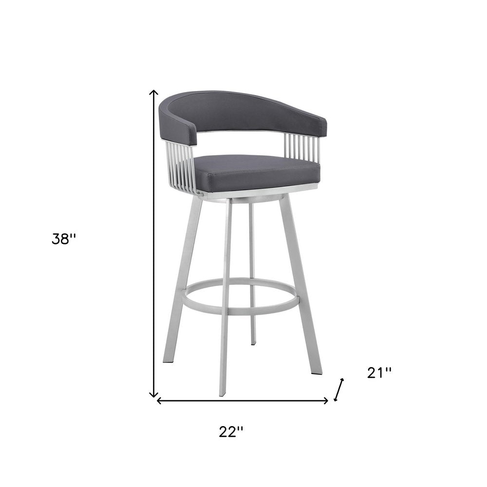 29" Slate Gray And Silver Fabric And Iron Low Back Bar Height Swivel Bar Chair