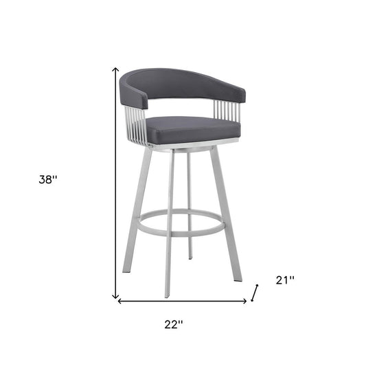 29" Slate Gray And Silver Fabric And Iron Low Back Bar Height Swivel Bar Chair
