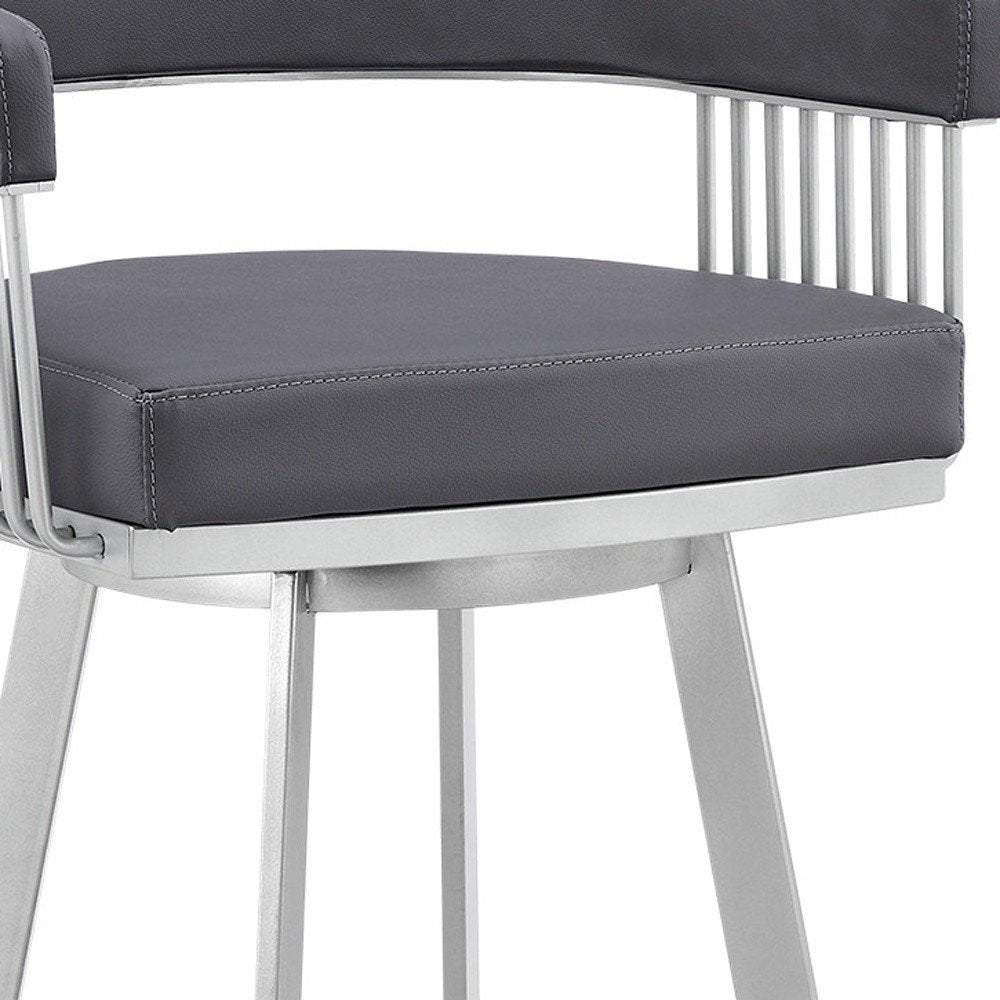 29" Slate Gray And Silver Fabric And Iron Low Back Bar Height Swivel Bar Chair