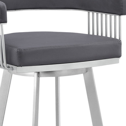 29" Slate Gray And Silver Fabric And Iron Low Back Bar Height Swivel Bar Chair