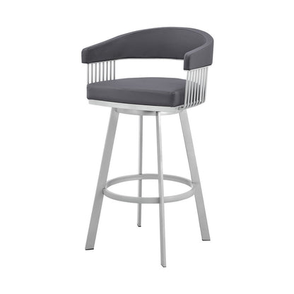 29" Slate Gray And Silver Fabric And Iron Low Back Bar Height Swivel Bar Chair