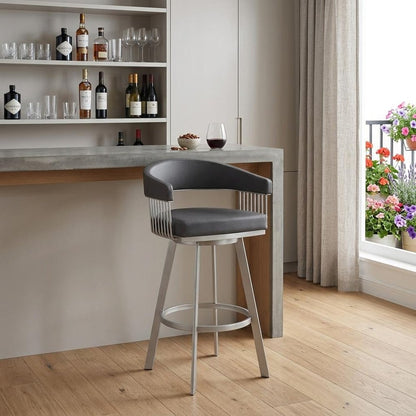 29" Slate Gray And Silver Fabric And Iron Low Back Bar Height Swivel Bar Chair