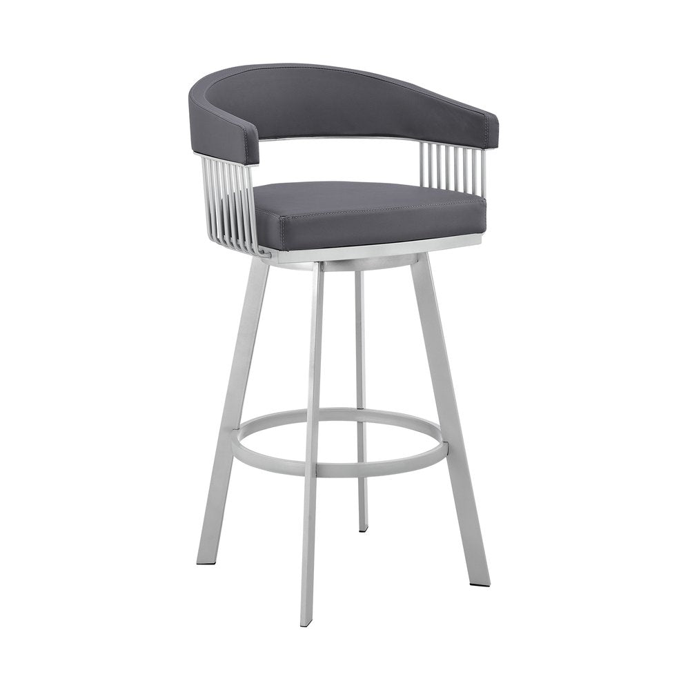 29" Slate Gray And Silver Fabric And Iron Low Back Bar Height Swivel Bar Chair