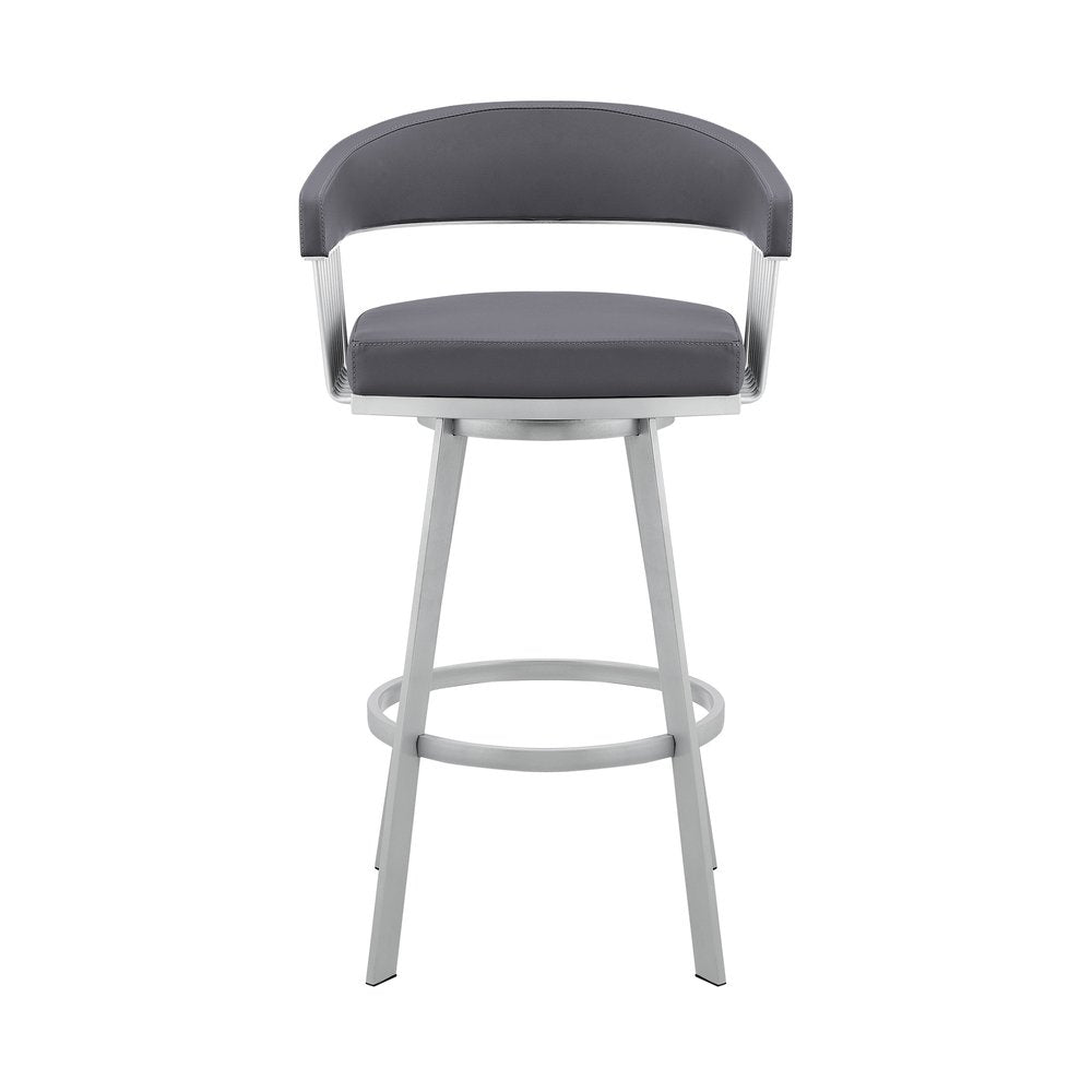 29" Slate Gray And Silver Fabric And Iron Low Back Bar Height Swivel Bar Chair