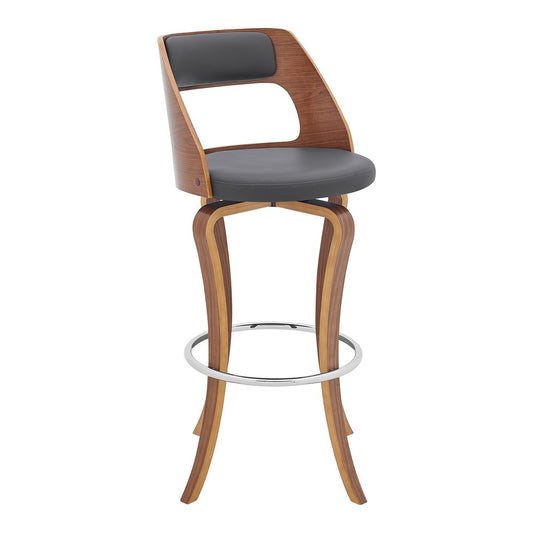 29" Gray And Brown Faux Leather And Fabric And Wood Bar Height Swivel Bar Chair