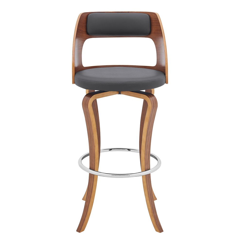 29" Gray And Brown Faux Leather And Fabric And Wood Bar Height Swivel Bar Chair