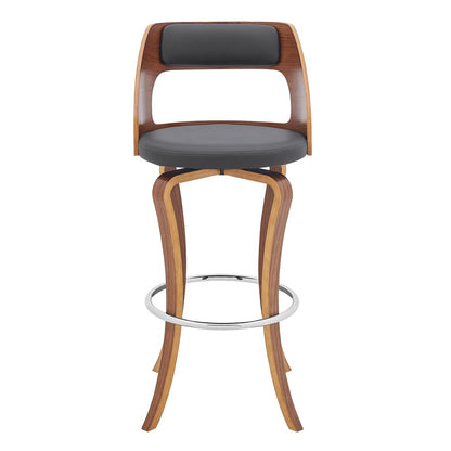 29" Gray And Brown Faux Leather And Fabric And Wood Bar Height Swivel Bar Chair