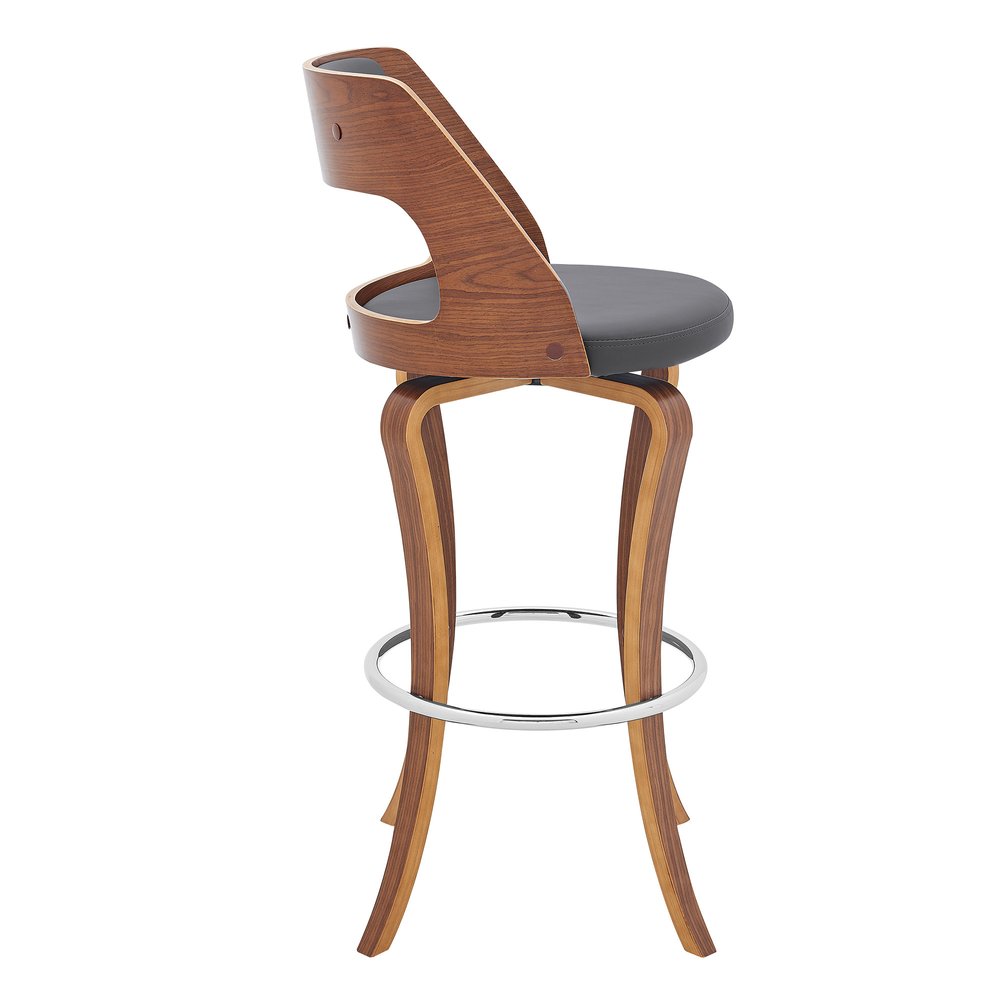 29" Gray And Brown Faux Leather And Fabric And Wood Bar Height Swivel Bar Chair