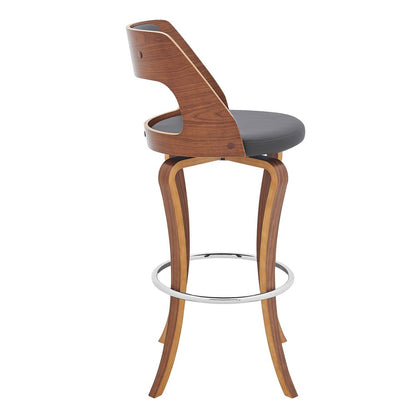 29" Gray And Brown Faux Leather And Fabric And Wood Bar Height Swivel Bar Chair