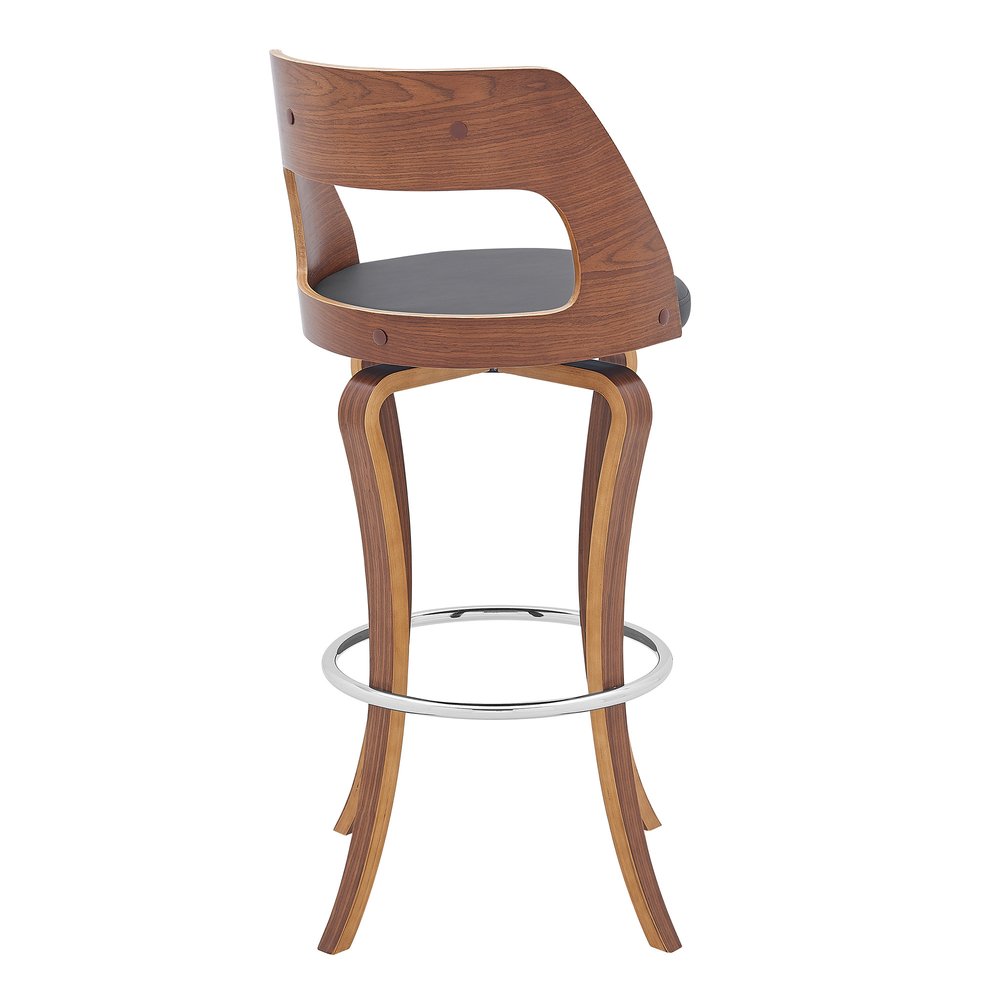 29" Gray And Brown Faux Leather And Fabric And Wood Bar Height Swivel Bar Chair