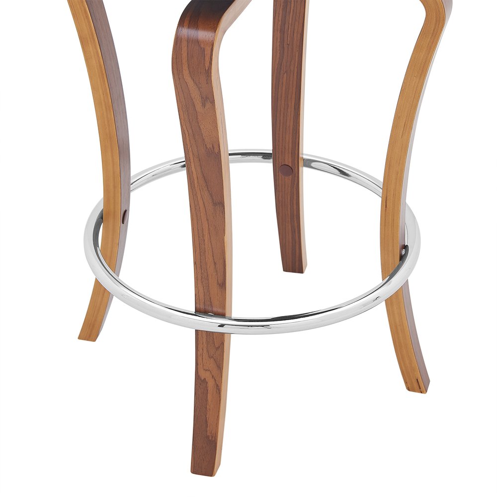 29" Gray And Brown Faux Leather And Fabric And Wood Bar Height Swivel Bar Chair